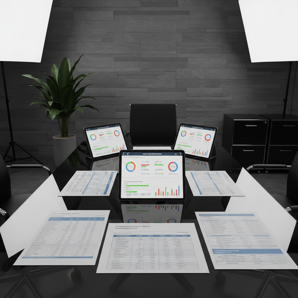 Polished glass meeting table displaying an array of specialized e-commerce documents, including SKU profit reports and digital tablets with clear data dashboards. The scene is set within a contemporary boardroom, featuring a textured slate wall, understated potted plant, and sleek black filing cabinets at the periphery. Balanced soft box lighting illuminates the display without harsh contrast, casting smooth highlights across the glass and subtly accentuating edges of documents. The mood is quietly authoritative and organized. Captured from a slightly elevated angle, framed using the rule of thirds to showcase both the technology and paperwork. Photographic realism is maintained with a clean, corporate aesthetic and a restrained, neutral palette, emphasizing the firm’s deep expertise in payment reconciliation for Indian e-commerce businesses.